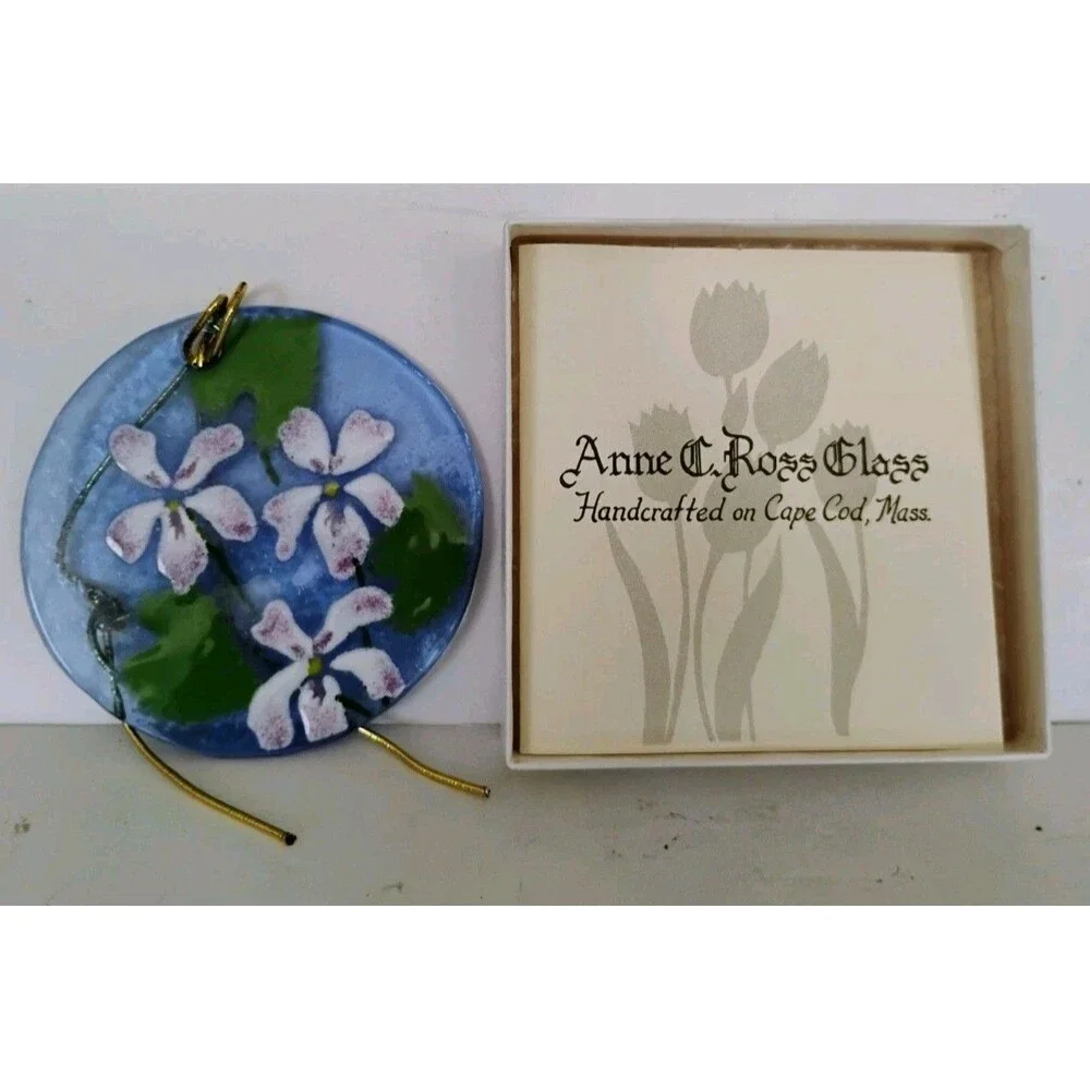 Anne C. Ross Studio Glass Hanging Ornament Purple Violets Signed Massachusetts